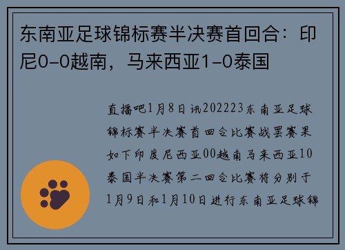 东南亚足球锦标赛半决赛首回合：印尼0-0越南，马来西亚1-0泰国